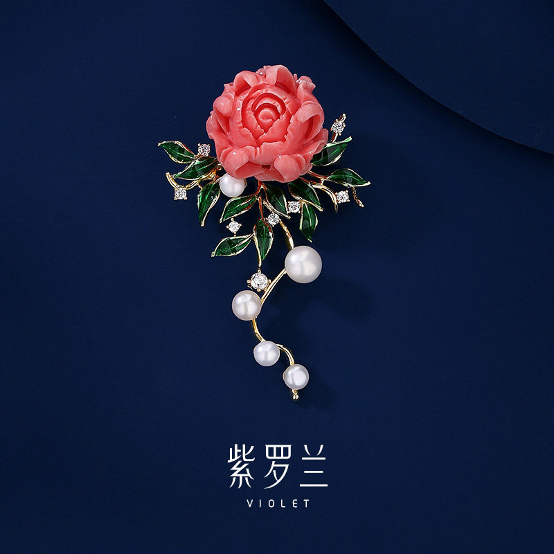 【紫罗兰正版】陶牡胸针陶瓷牡丹花胸花高档珍珠别针生日礼物