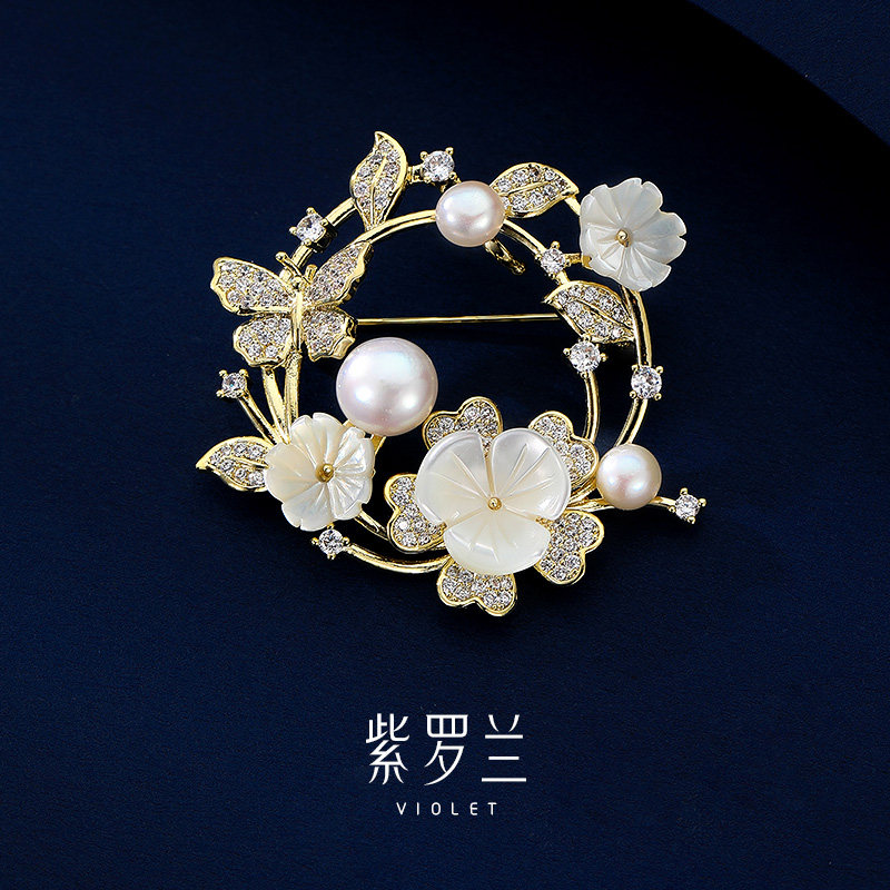 【紫罗兰正版】善花胸针高档女珍珠花朵圆形胸花小众设计感别针潮