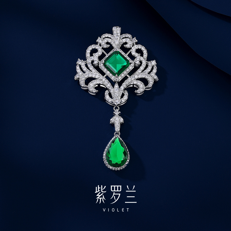 紫罗兰绿寓胸针闪耀锆石胸花女奢华高档气质西装别针生日礼物