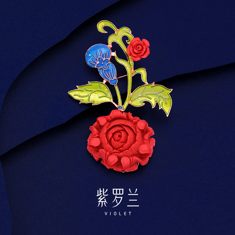 【紫罗兰正版】玫砂葫红色胸针女高档女精致百搭朱砂花朵胸花别针