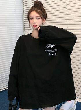 韩版复古T恤女卫衣女春秋新款韩版学生宽松慵懒长袖可外穿女上衣