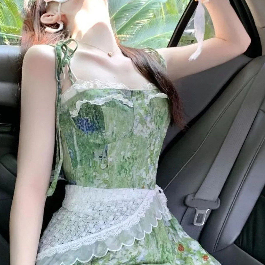 夏季新款穿搭一整套韩系碎花连衣裙中长款女蕾丝束腰显瘦裙子