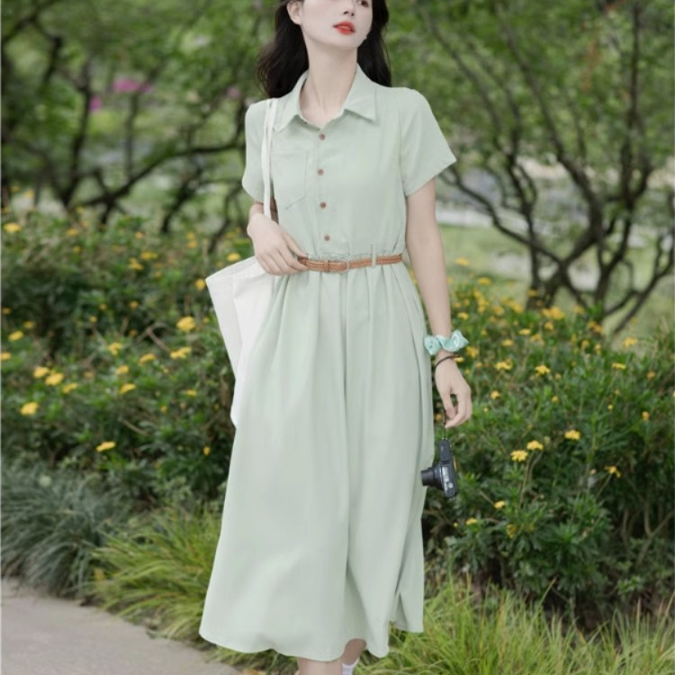 茶歇法式桔梗复古温柔风气质高级感收腰polo绿色衬衫连衣裙子女夏