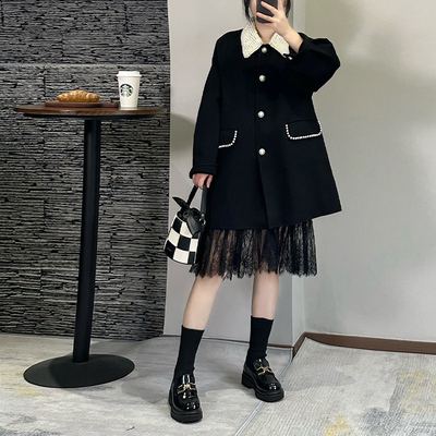 赫本风黑色双面呢外套娃娃领大码胖mm短款小个子零羊绒大衣女