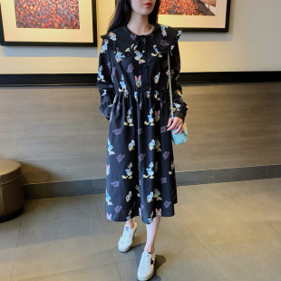 黑色娃娃领碎花连衣裙女2024春秋季新款韩版中长款收腰蓬蓬裙