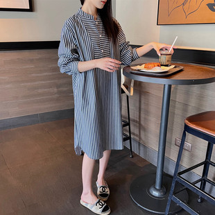 条纹中长款长袖休闲大码胖妹妹2024年春装新款韩版女装连衣裙子女