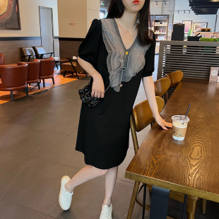 设计感大码 2025夏季 V领连衣裙女薄款 新款 显瘦花边领小黑裙子 法式