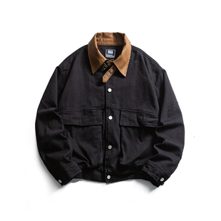 美式复古工装夹克外套男女2025秋季新款巴恩风大口袋拼接皮领潮