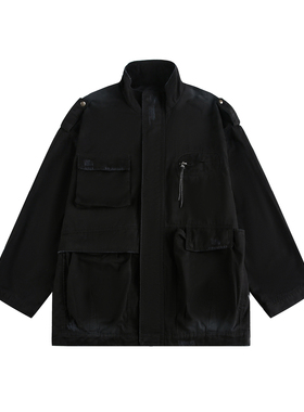 2025秋日系复古工装夹克男宽松水洗做旧立领中长款大口袋外套