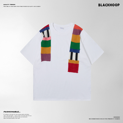 陈赫同款设计感彩虹毛织拼接短袖T恤男夏季重磅潮牌宽松情侣半袖