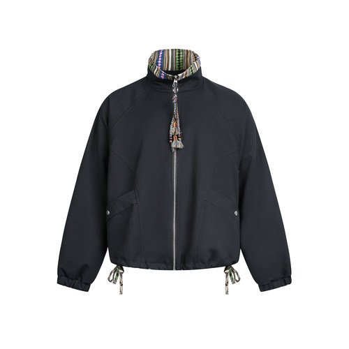 撞色拼接立领短款外套男女士春季宽松复古夹克韩系通勤风痞帅上衣