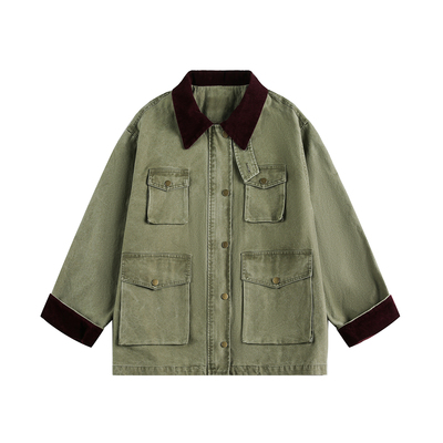 户外冲锋衣拼接夹克外套男工装大口袋设计高级感中长款军绿色上衣