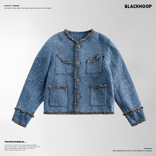 【邓为同款】设计师原创重磅水洗牛仔宽松小香风花边夹克肌理外套