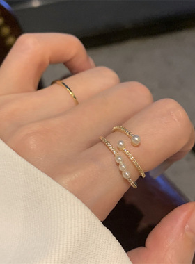 珍珠戒指女时尚个性ins小众设计轻奢简约精致两件套指环开口气质