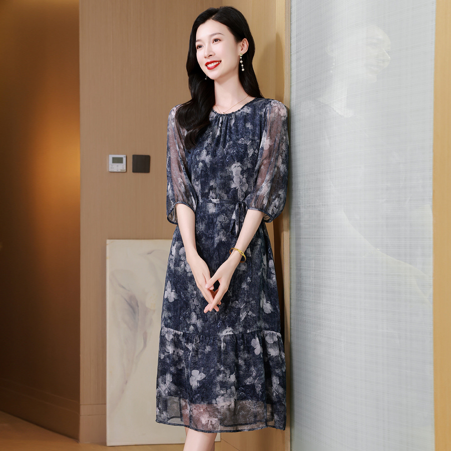 轻奢优雅风印花真丝连衣裙女中长款绑带收腰显瘦桑蚕丝减龄气质裙
