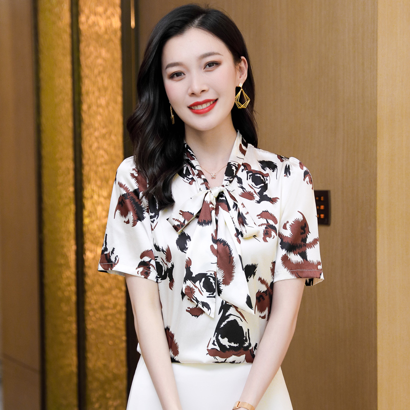 杭州重磅真丝上衣女短袖2023新款高端大牌衬衫蝴蝶结桑蚕丝衬衣夏