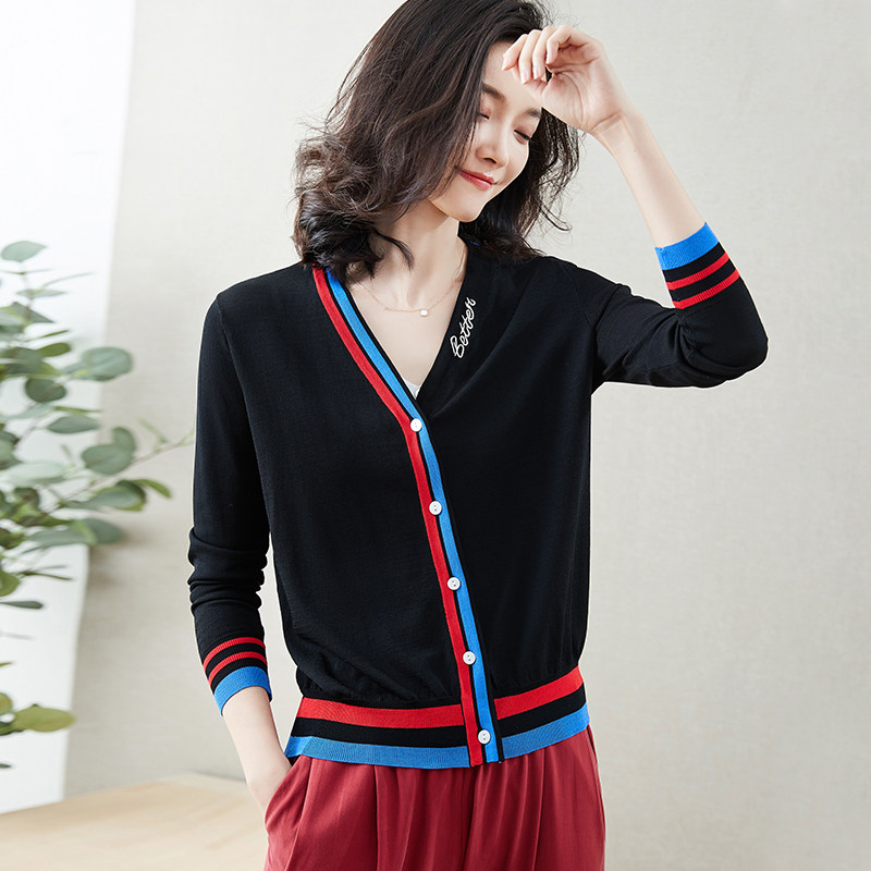 2026春夏新款撞色V领开衫女长袖薄款外搭针织衫黑色纽扣上衣