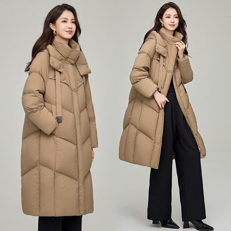 羽绒服女中长款2025冬季新款时尚过膝修身连帽白鸭绒加厚保暖外套