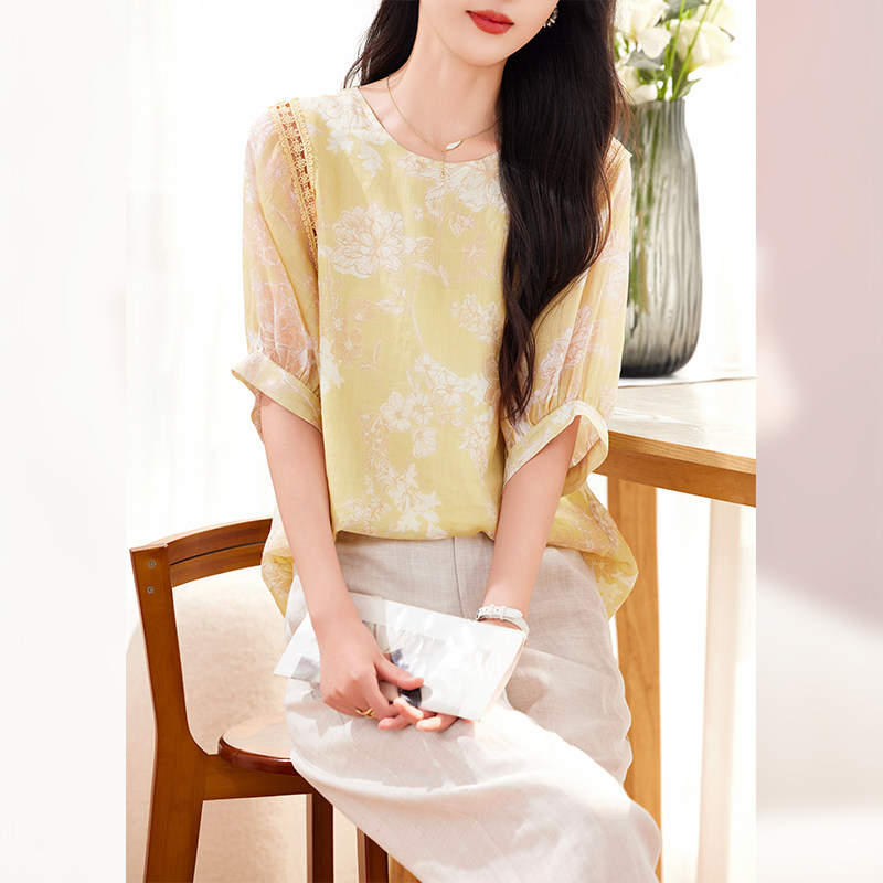苎麻印花衬衫女2026夏季新款中年妈妈灯笼袖宽松洋气上衣