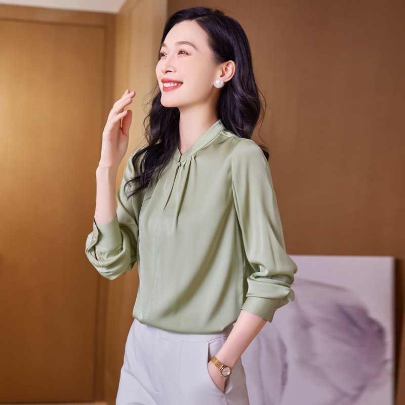 真丝衬衫女长袖2024春季新款气质小立领高端年轻款缎面桑蚕丝上衣