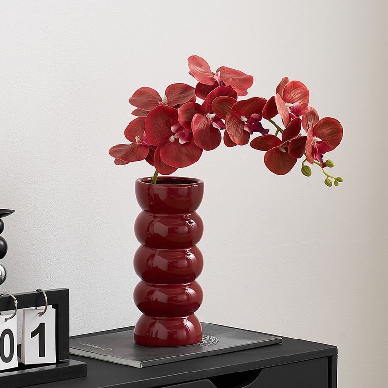 法式复古红色陶瓷花瓶蝴蝶兰高级感中古风花器摆件银柳鲜花插花 - 林呈小店出品