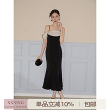 XXNING 法式高级感轻奢两穿设计撞色连衣裙女一字肩纯欲性感长裙