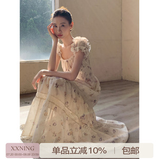温柔绝美碎花长裙 XXNING 法式 蕾丝拼接方领连衣裙女2025夏季 新款