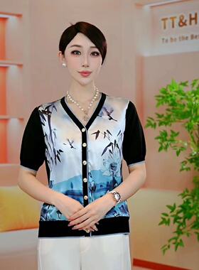 黑色系列夏季新款V领印花短袖开衫-235