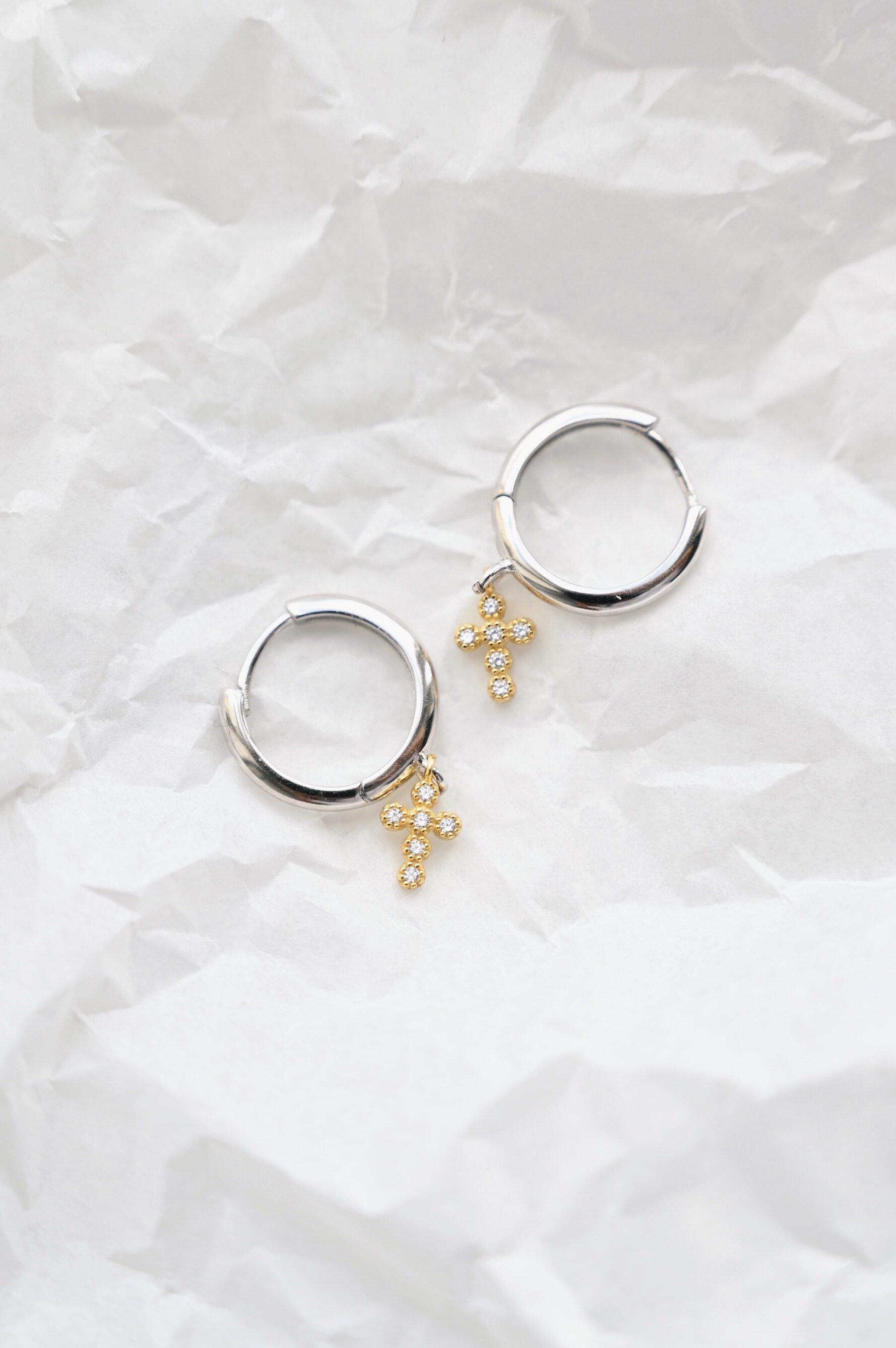 heymen黑门 原创设计小众法风925银镀金碎钻十字架耳环