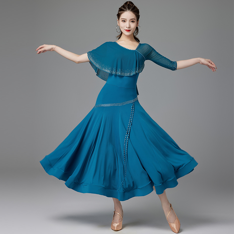 妹姿彩国标摩登舞烫钻连衣裙