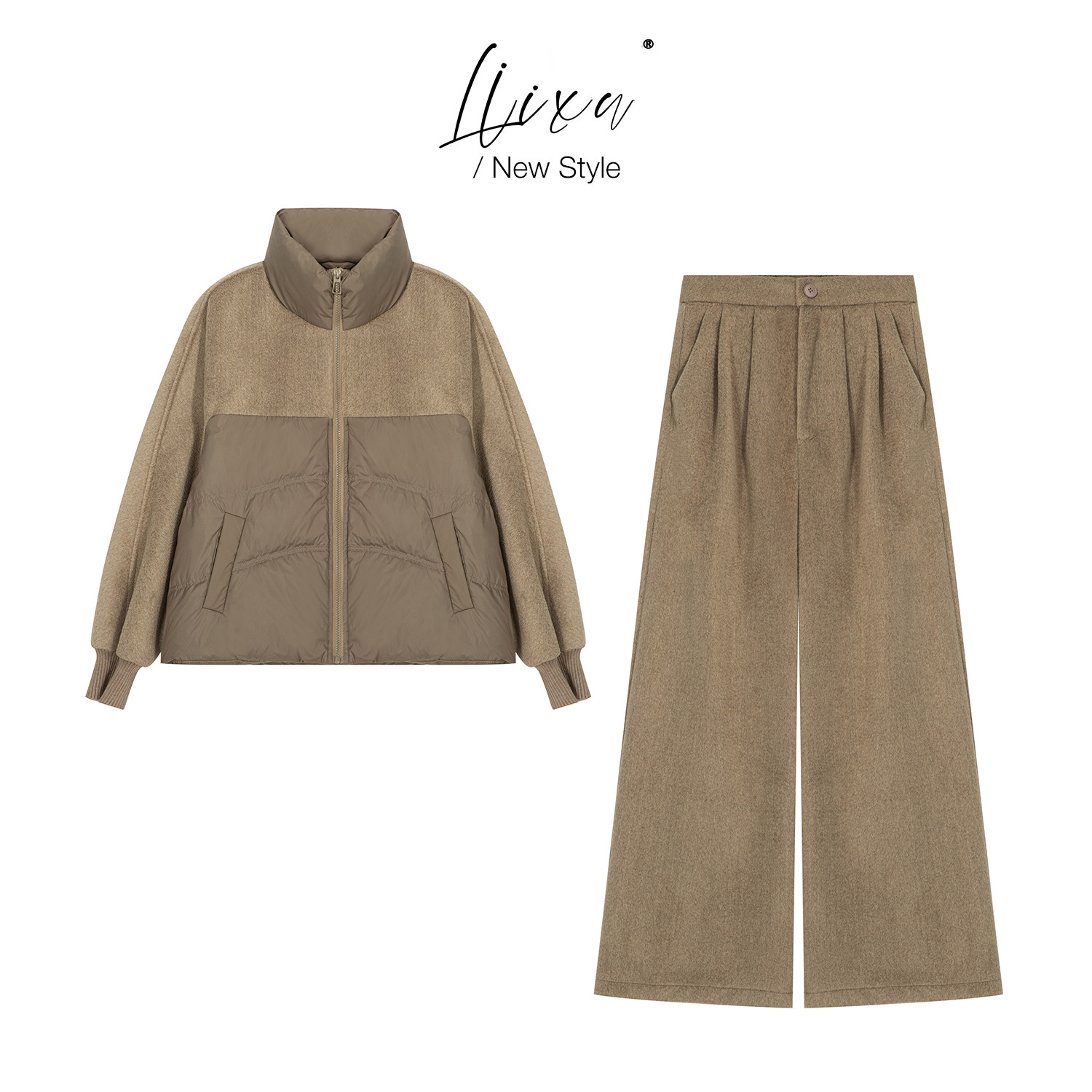 立领羽绒棉服阔腿裤两件套女秋冬