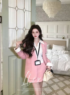 Liixu时尚西装套装女新款洋气假两件拼接西服外套半身裙短裙2件套