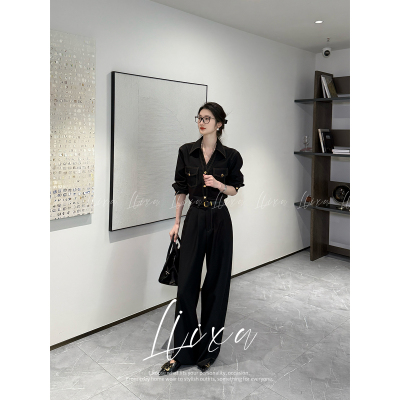 复古牛仔衬衫阔腿长裤套装女春季