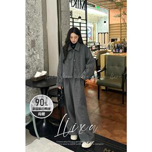 Liixu英伦复古毛呢外套女羽绒内胆蝙蝠袖阔腿裤两件套L48TZ034