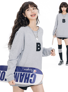 BKAL美式复古圆领卫衣女秋装上新2024年情侣简约字母绣花套头上衣