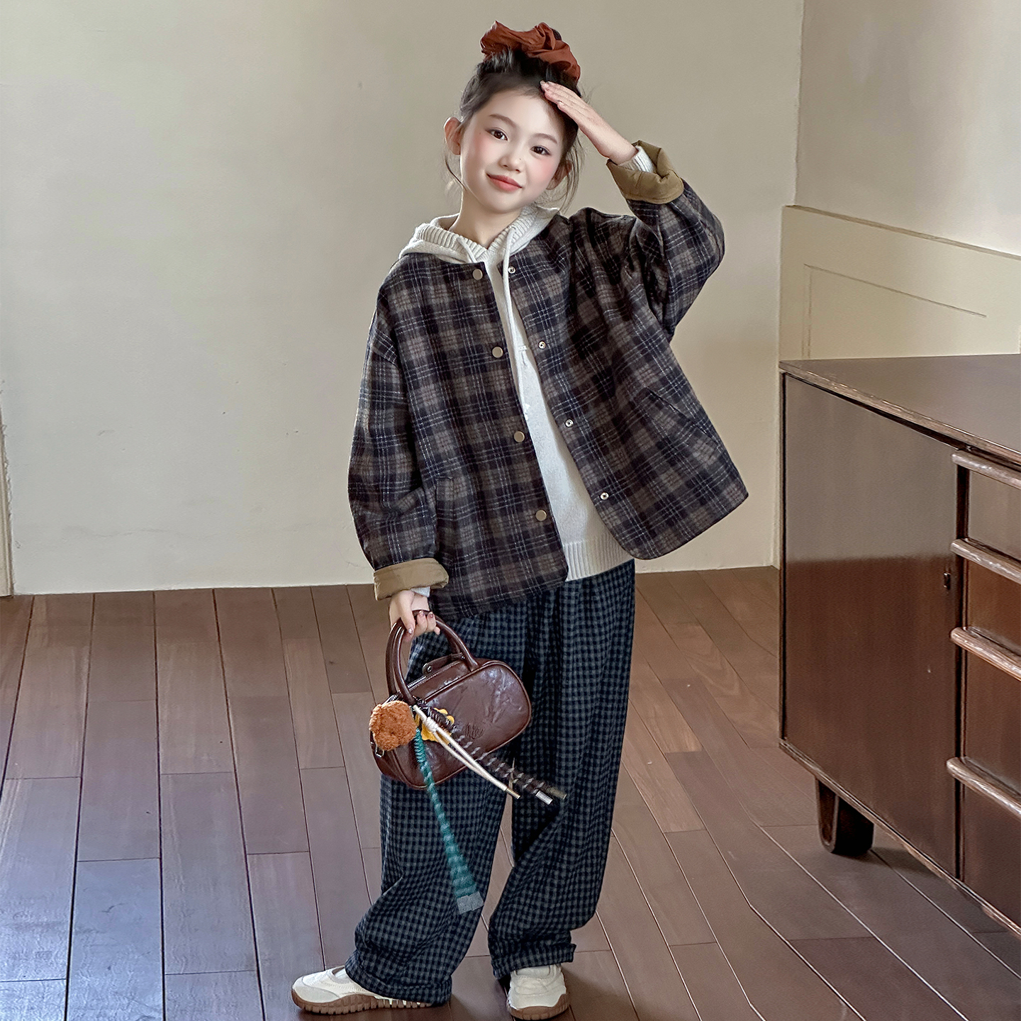 女童外套春秋季儿童洋气格子套装