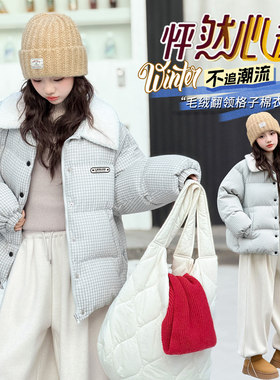女童棉服冬装2025新款儿童加厚格子棉衣保暖洋气冬季棉袄外套