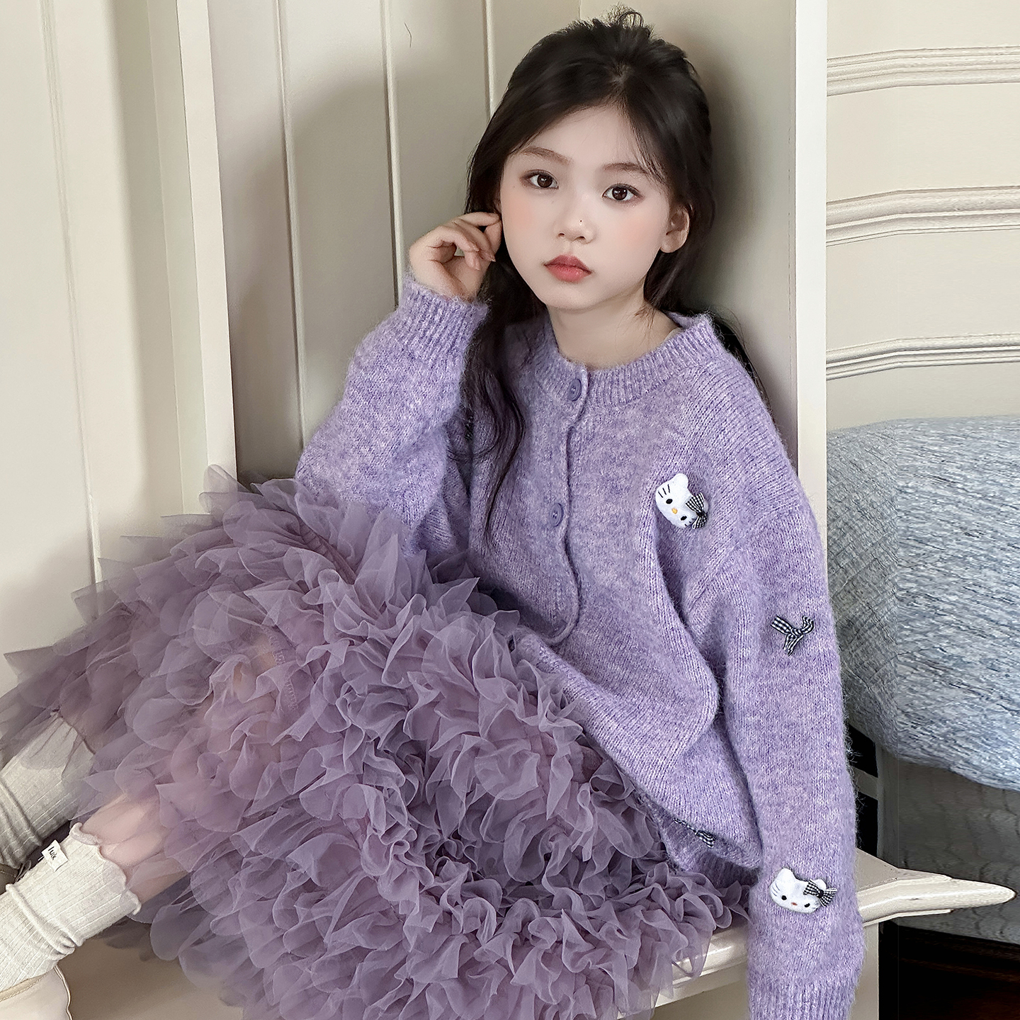 女童小清新爱心毛衣网纱裙两件套