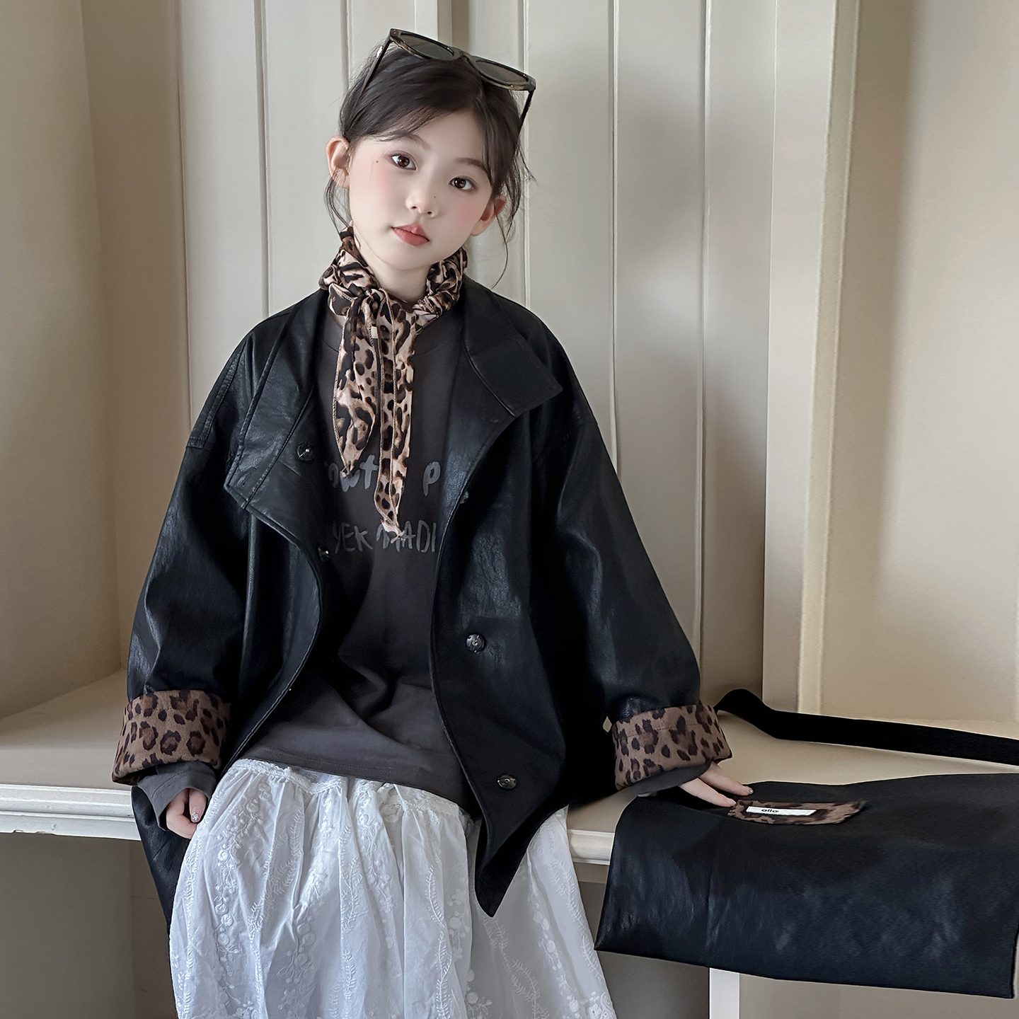 女童皮衣外套春秋2025新款韩版儿童时髦豹纹拼接女孩休闲夹克上衣