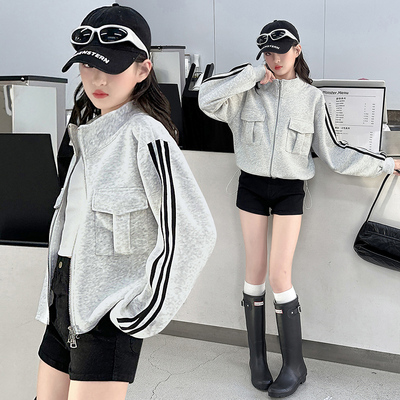 女童春秋款外套2025新款韩版设计感外穿开衫百搭条纹立领夹克卫衣