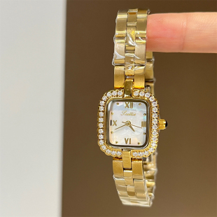 诗高迪金色镶钻方形贝母钢带手表女小众轻奢精致时尚 通勤女士女表