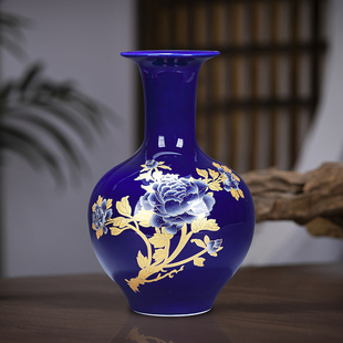 客厅插花酒柜博古架工艺品 景德镇陶瓷蓝色花瓶摆件家居装 饰品中式