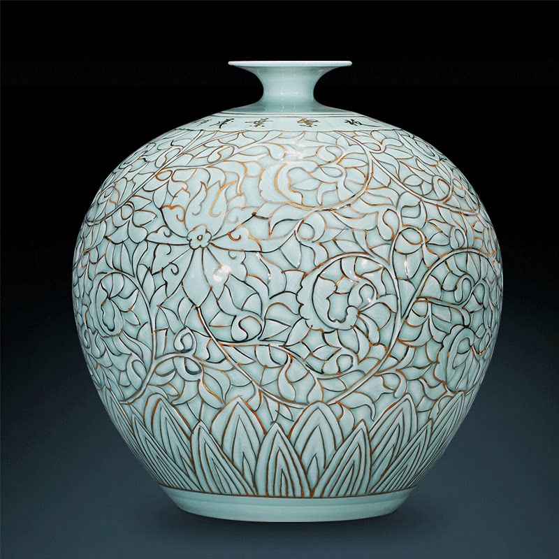 景德镇陶瓷器花瓶影青描金石榴瓶中式客厅家居装饰品办公室摆件大