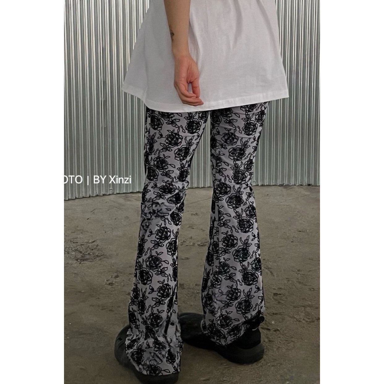 复古玫瑰印花高腰直筒显瘦女裤