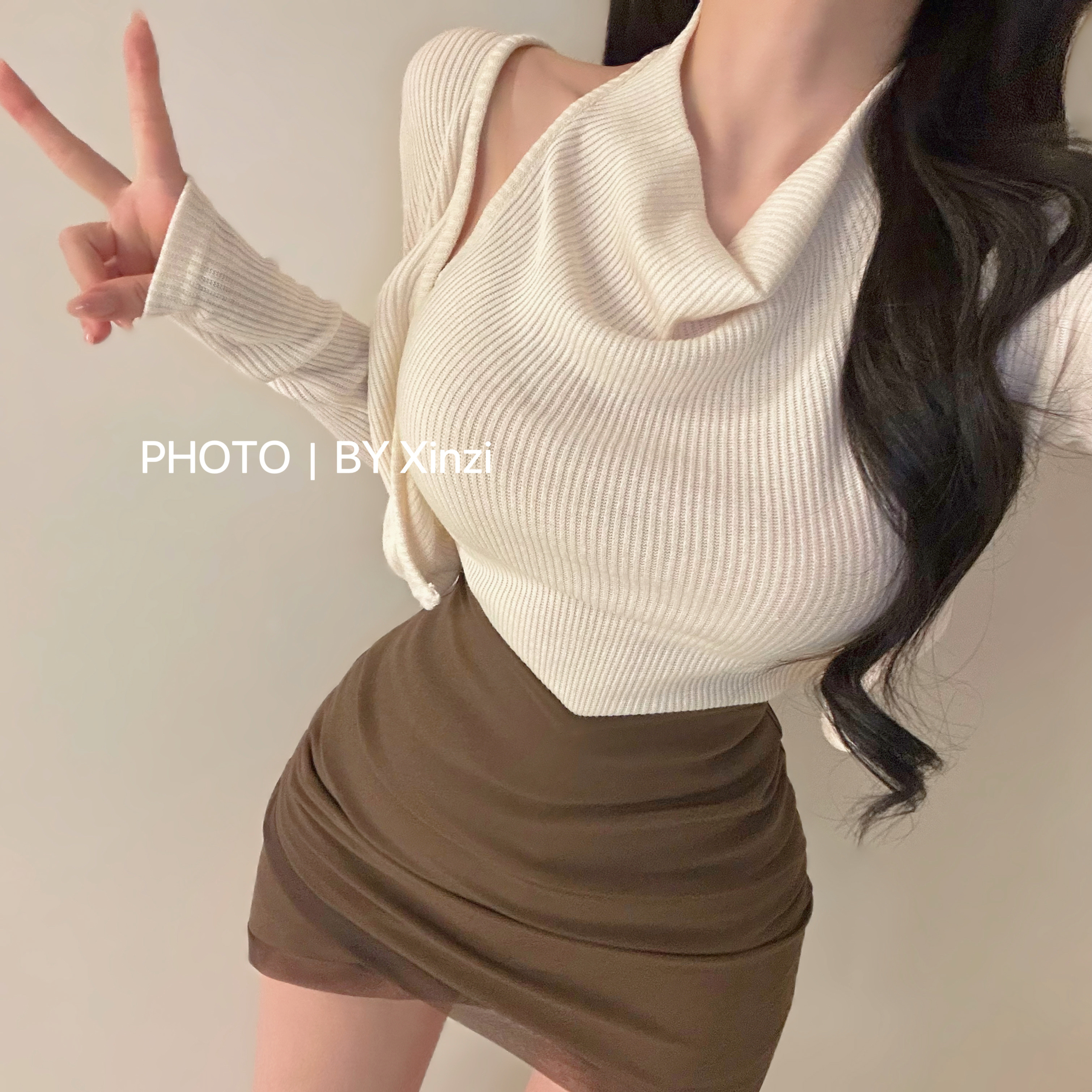 辛子韩国代购纯欲极简风荡领针织衫女修身长袖白色气质百搭上衣