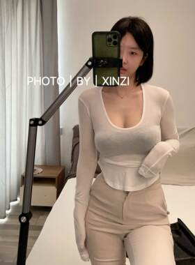 现货~辛子韩国代购韩国ins热卖款网红U领收腰弧形长袖体恤