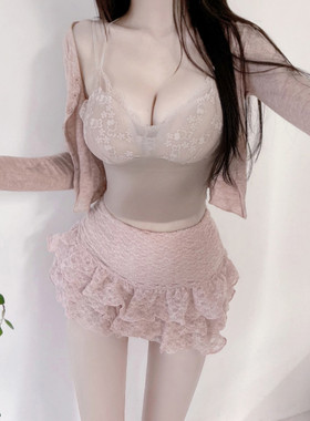 现货！韩国代购高腰蕾丝百褶甜美度假风叠穿辣妹纯欲风短裙半身裙
