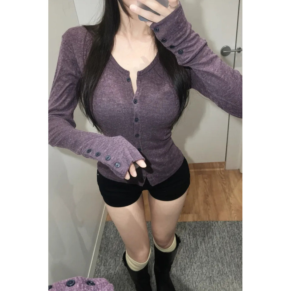 秋冬V领修身短款针织开衫女