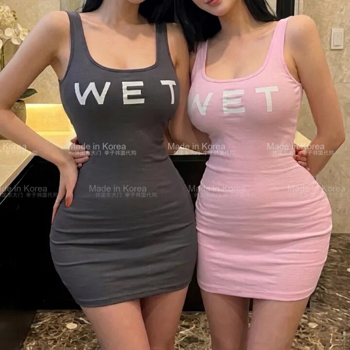 辛子韩国代购法式字母印花无袖包臀连衣裙女修身显身材性感短裙