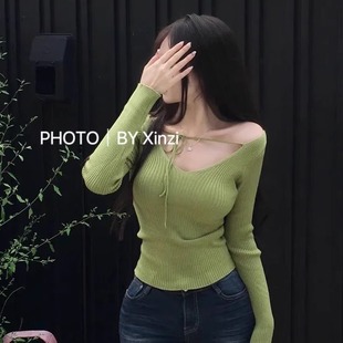 针织衫 24小时速发 纯欲风性感系带V领长袖 2025秋款 女上衣 韩国代购